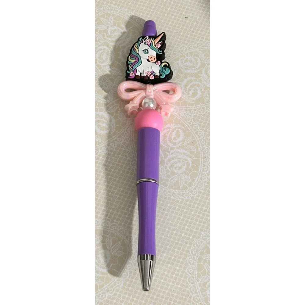 Custom Beaded Pen Unicorn Purple Pink Bow Unique Gift Handmade Girly Coquette